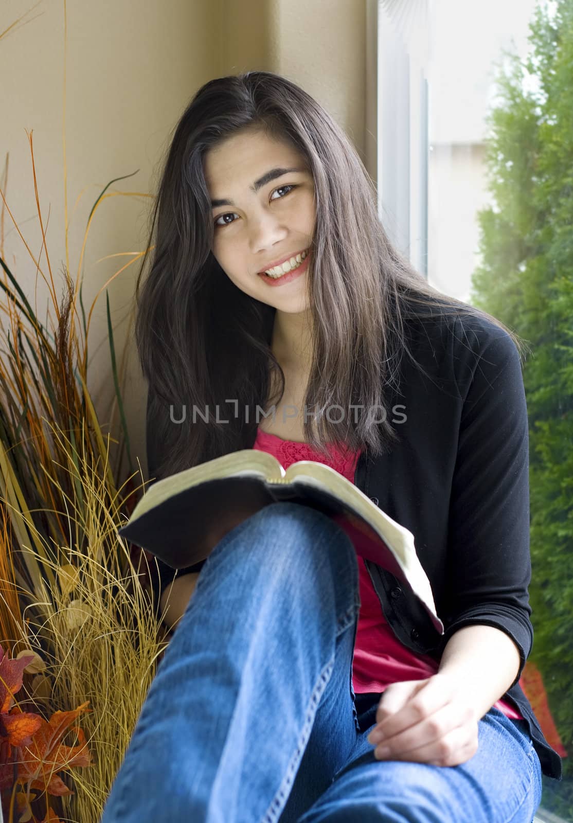 Beautiful biracial teenage girl studying or reading  next to sunny window