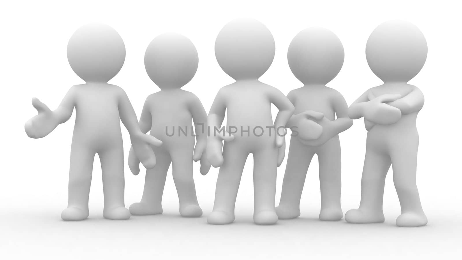 a special group of five 3d humans in different poses