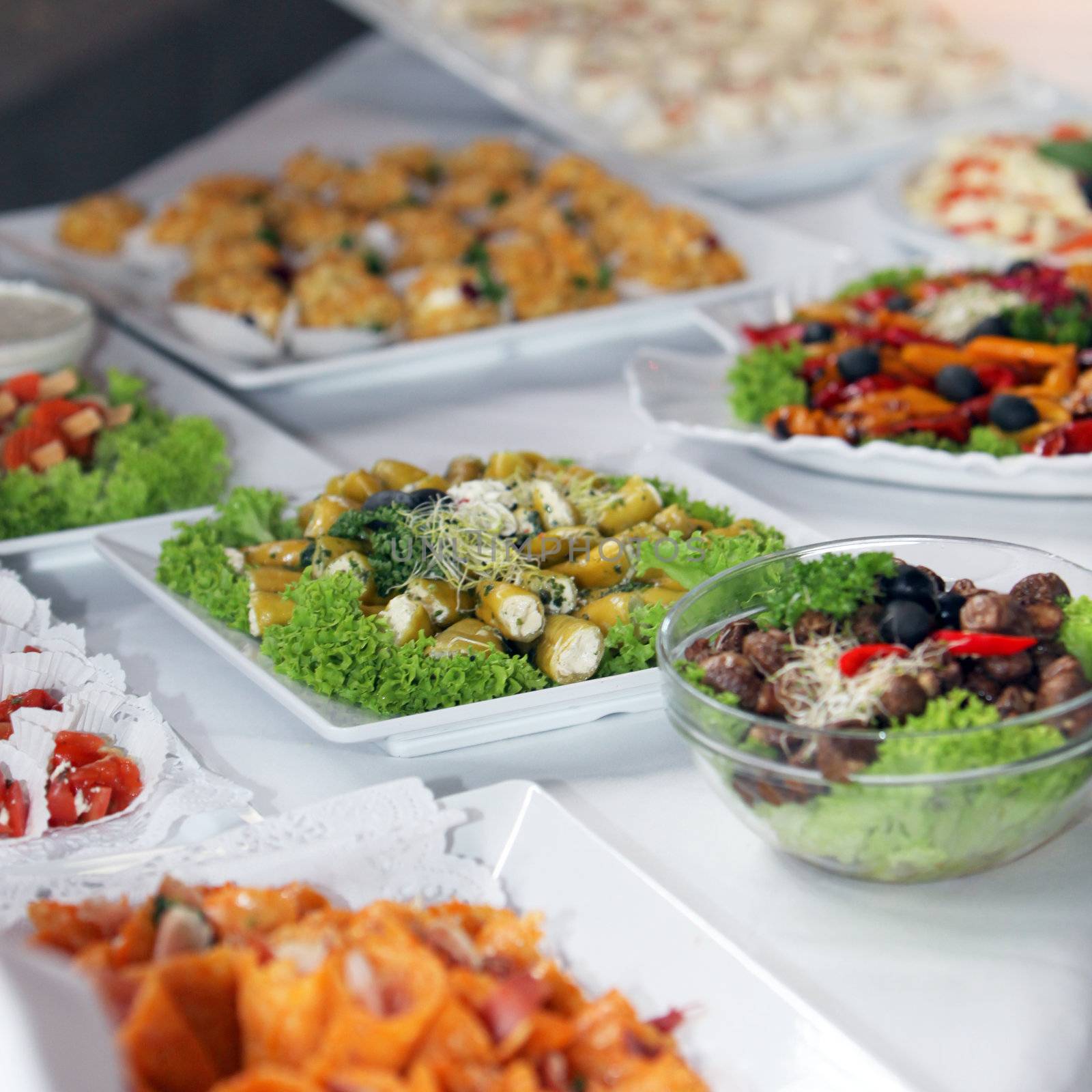 Variety of cold vegetable platters on a buffet table at a catered event or wedding reception