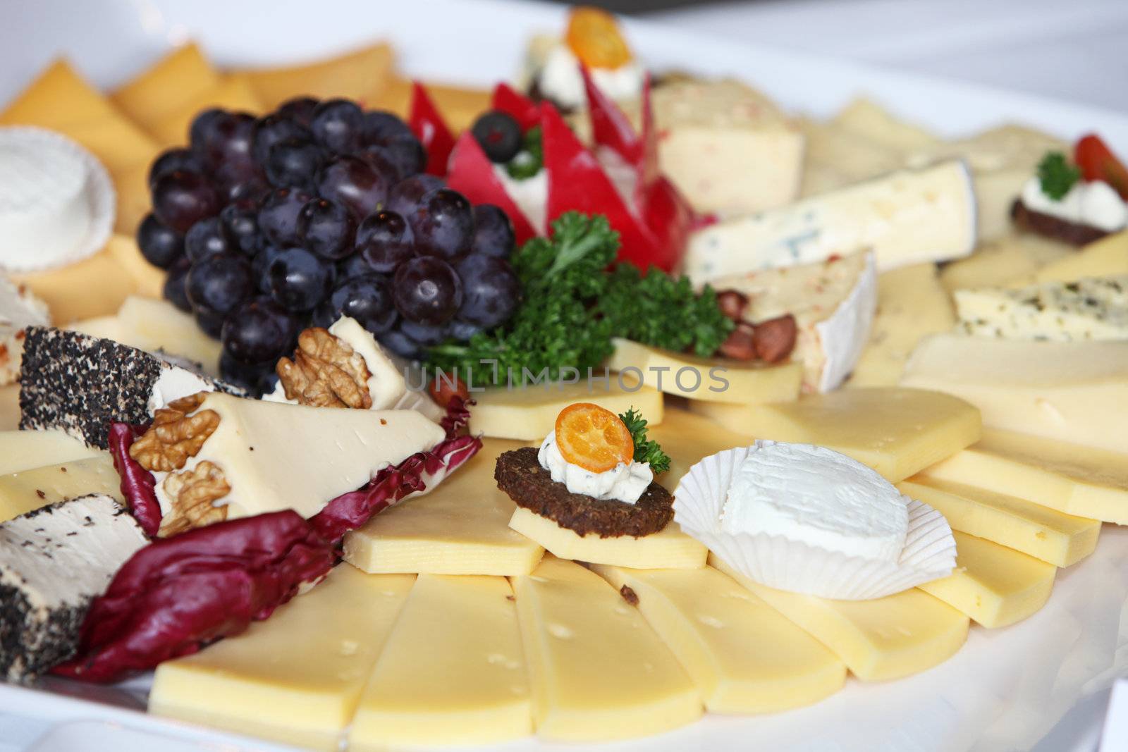 Cheese platter with a large array of different hard and soft cheeses on display on a buffet