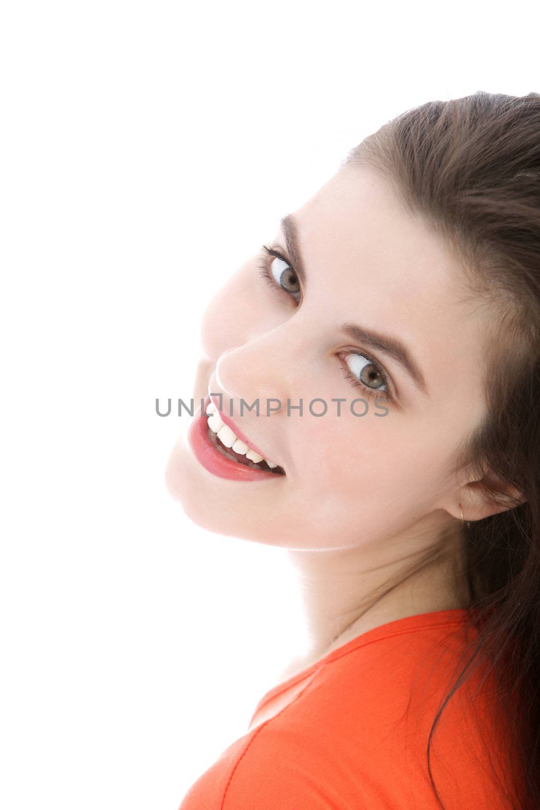 Cropped view partial head portrait of a smiling woman looking back at the lens isolated on white