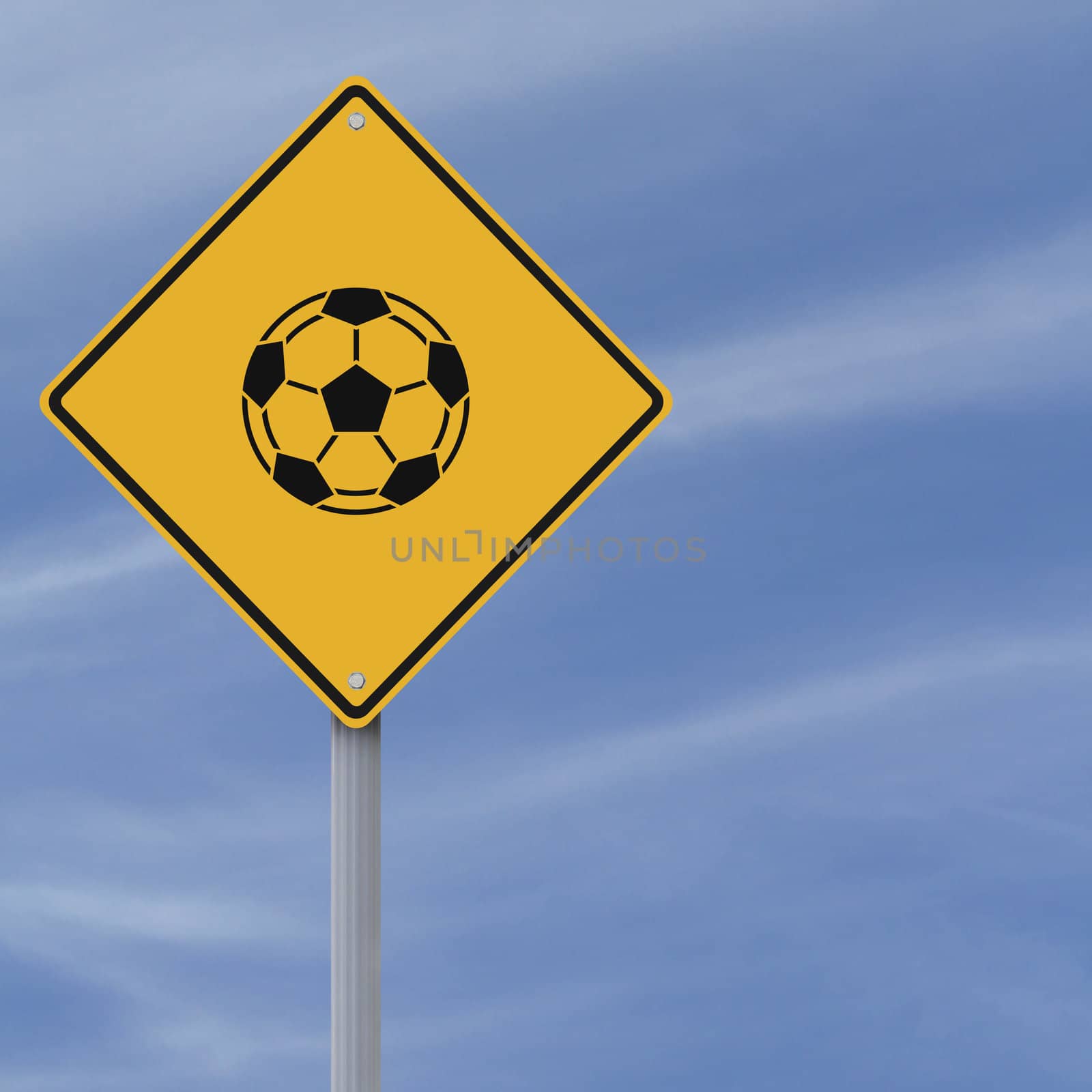 A road sign with a football symbol