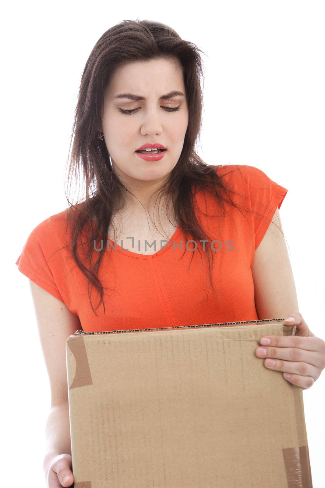 Young brunette woman carrying a cardboard box by Farina6000