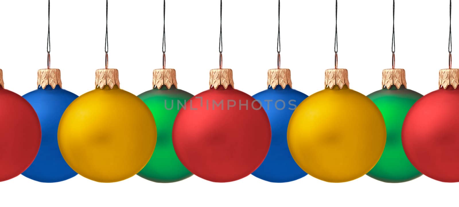 Row pf  hanging Christmas baubles isolated  on white background, seamless horizontally