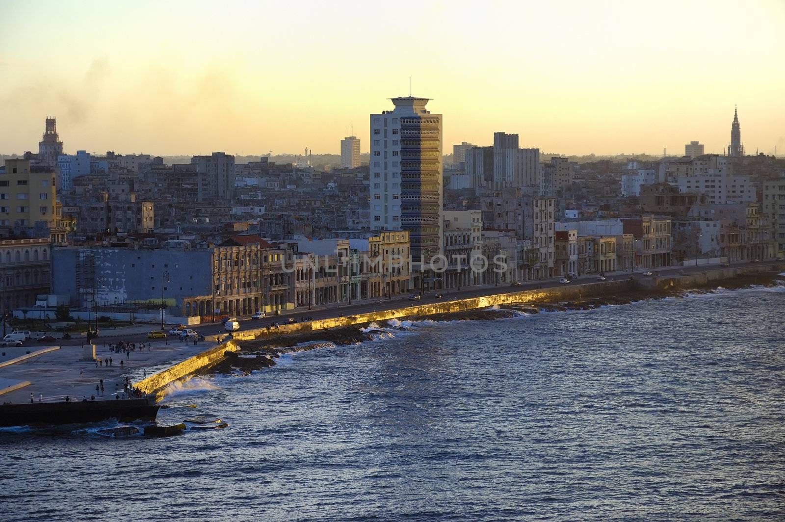 View of Havana bay and skyline at sunset