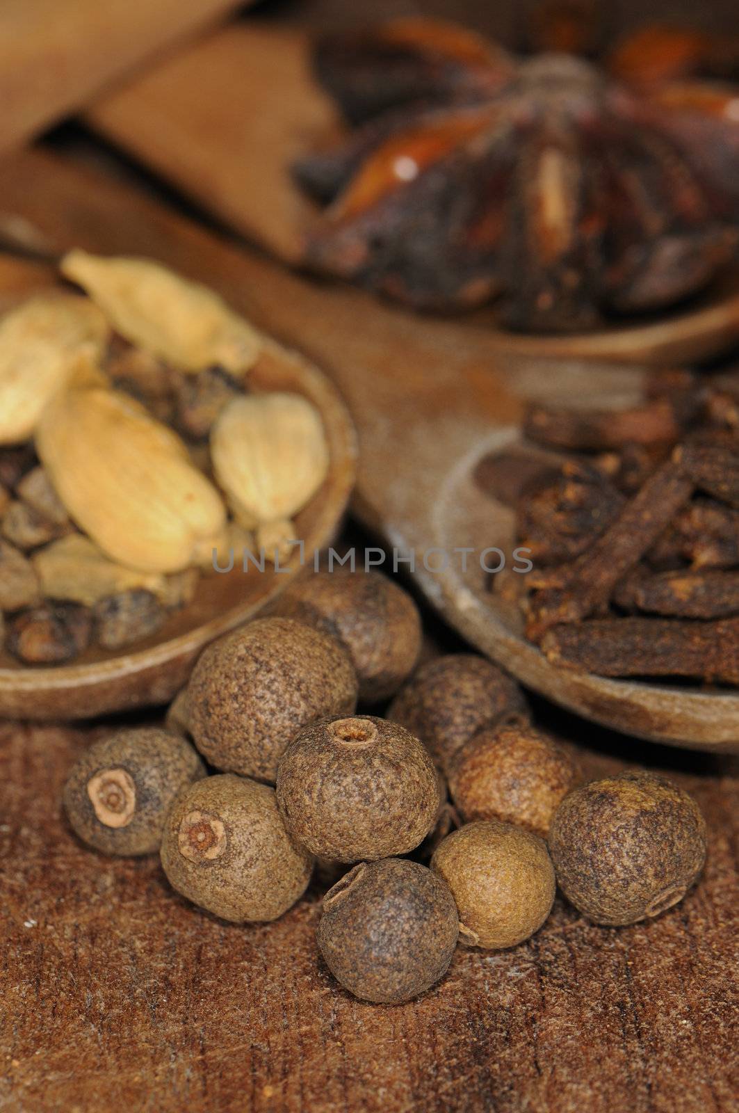 Background with assorted spices: cardamom, black pepper, clove and star anise.