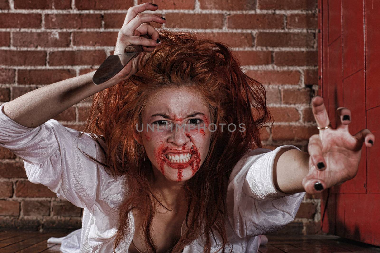 Woman in Horror Situation With Bloody Face