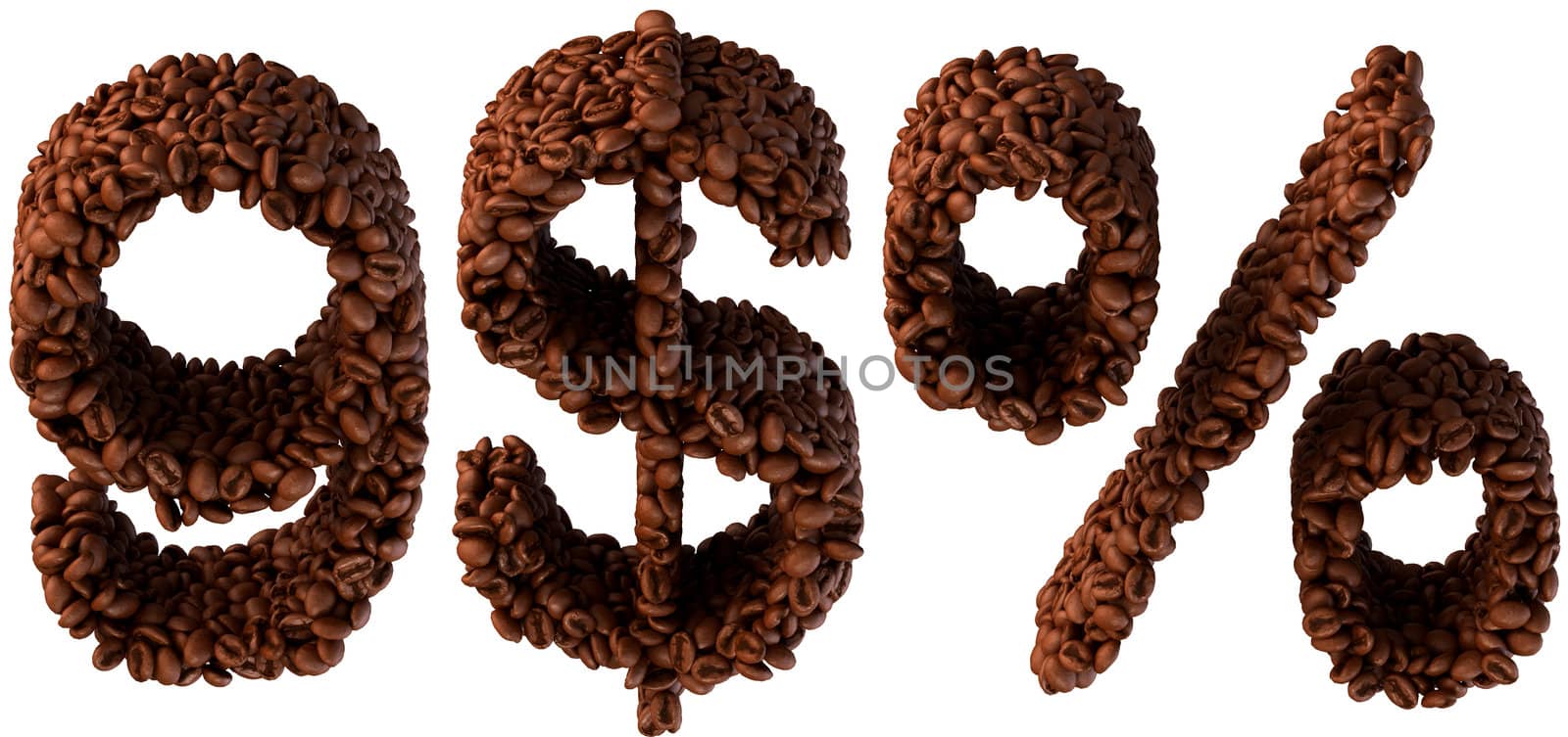Coffee font 9, US dollar currency and percent symbol isolated over white