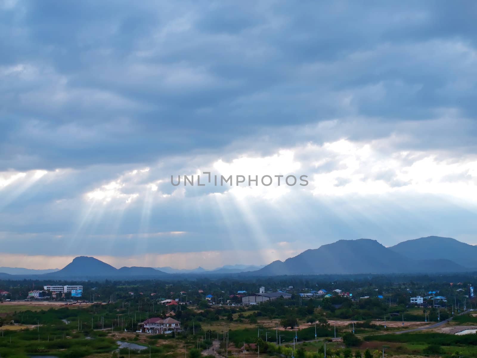 Mountains landscape with bad weather and the cloudy sky birds eye view