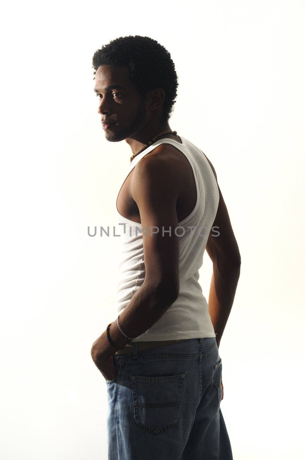 Portrait of young african american man standing isolated on white background