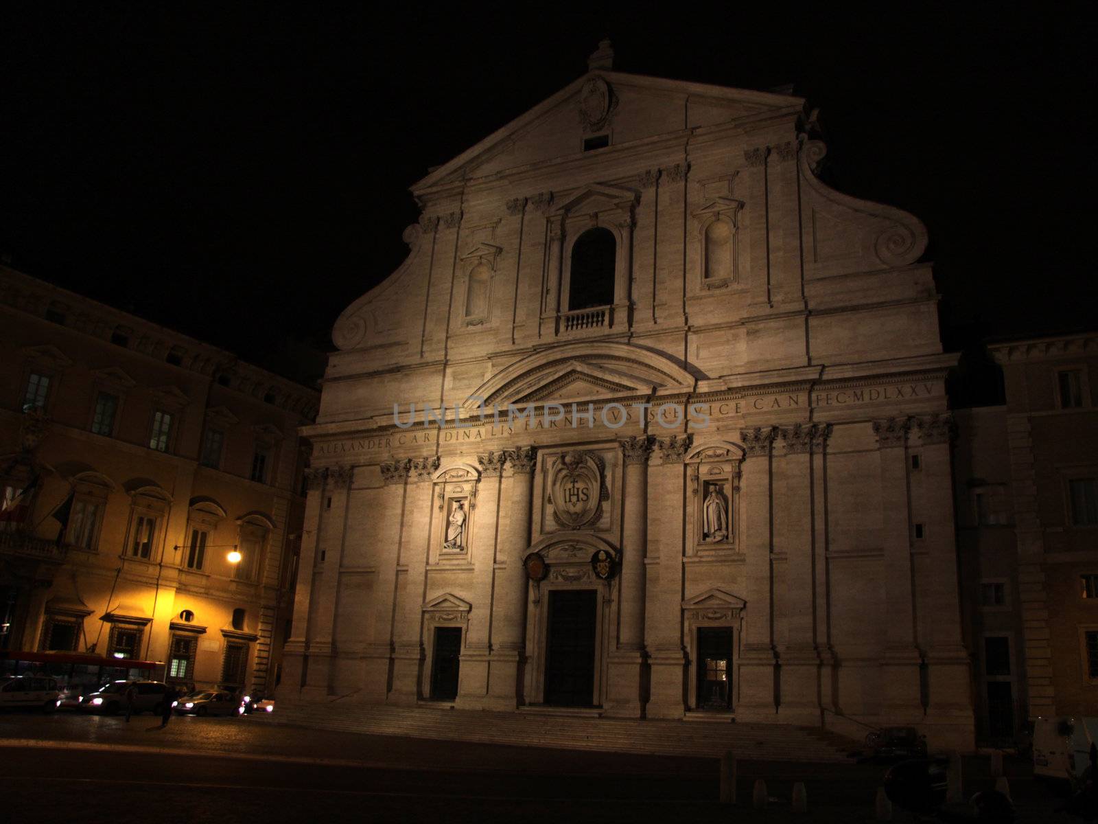 The facade of the church of San Ignazio at night, in Rome, Italy.
