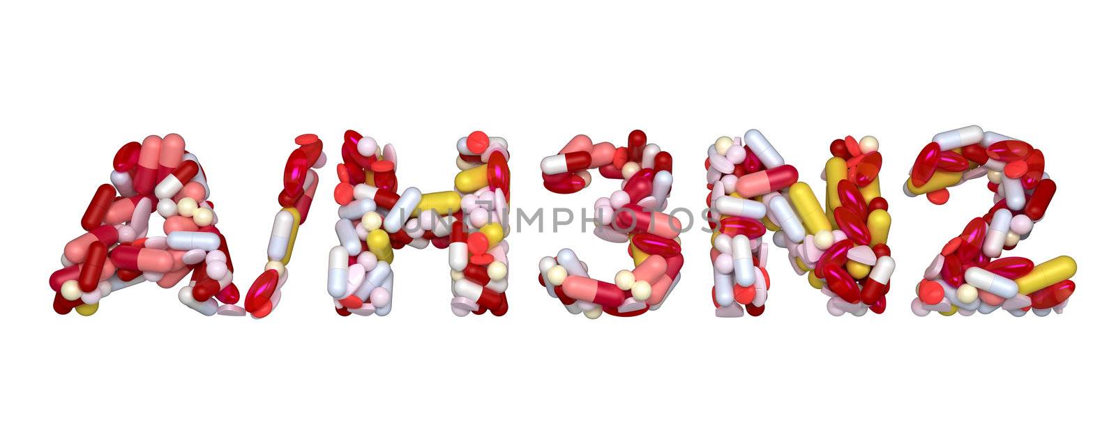 Swine Flu H3N2 virus - word assemled with pills isolated over white