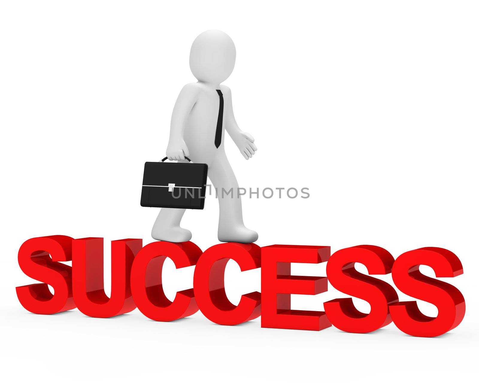 business man walk over red success word