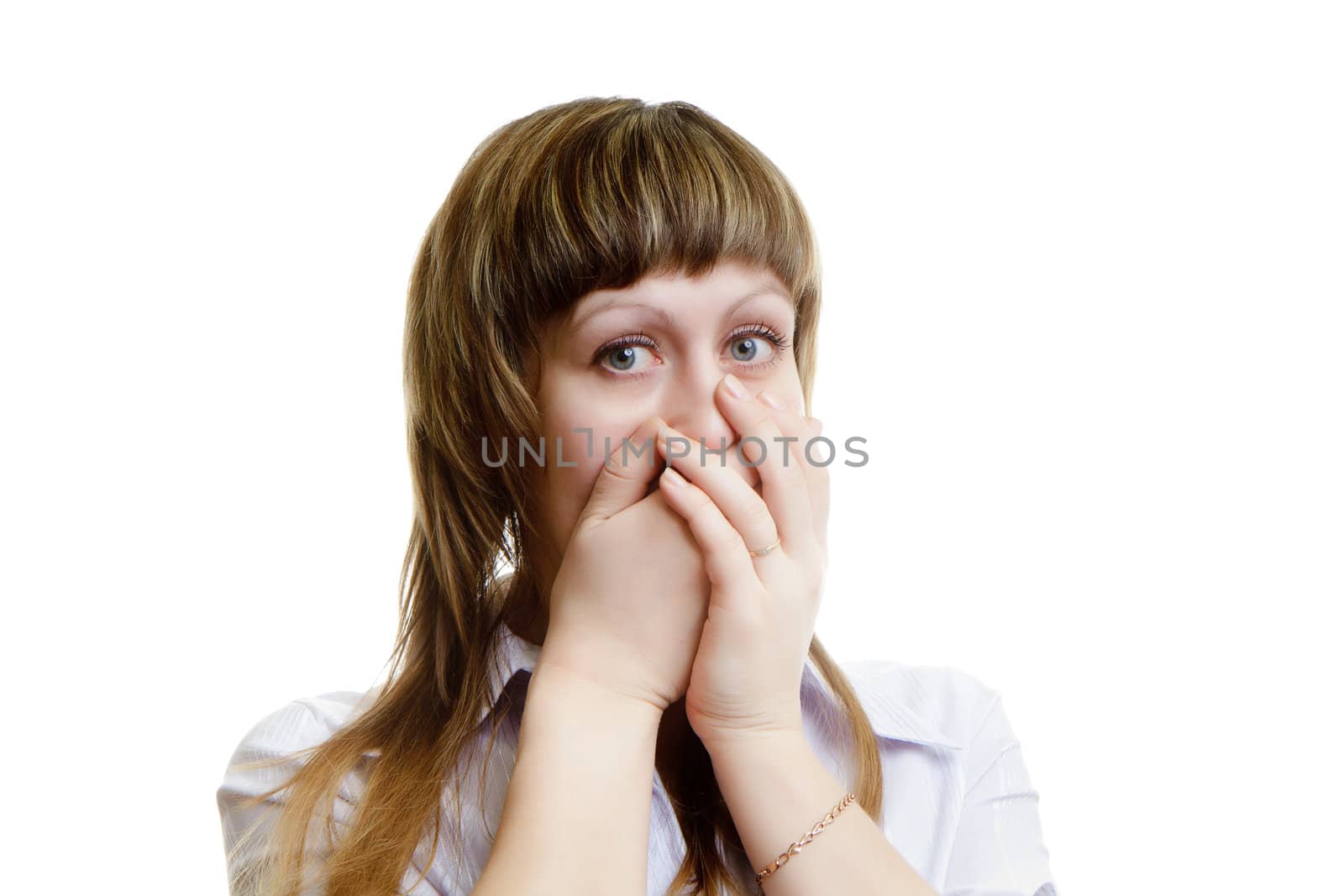 frightened young woman on a white background