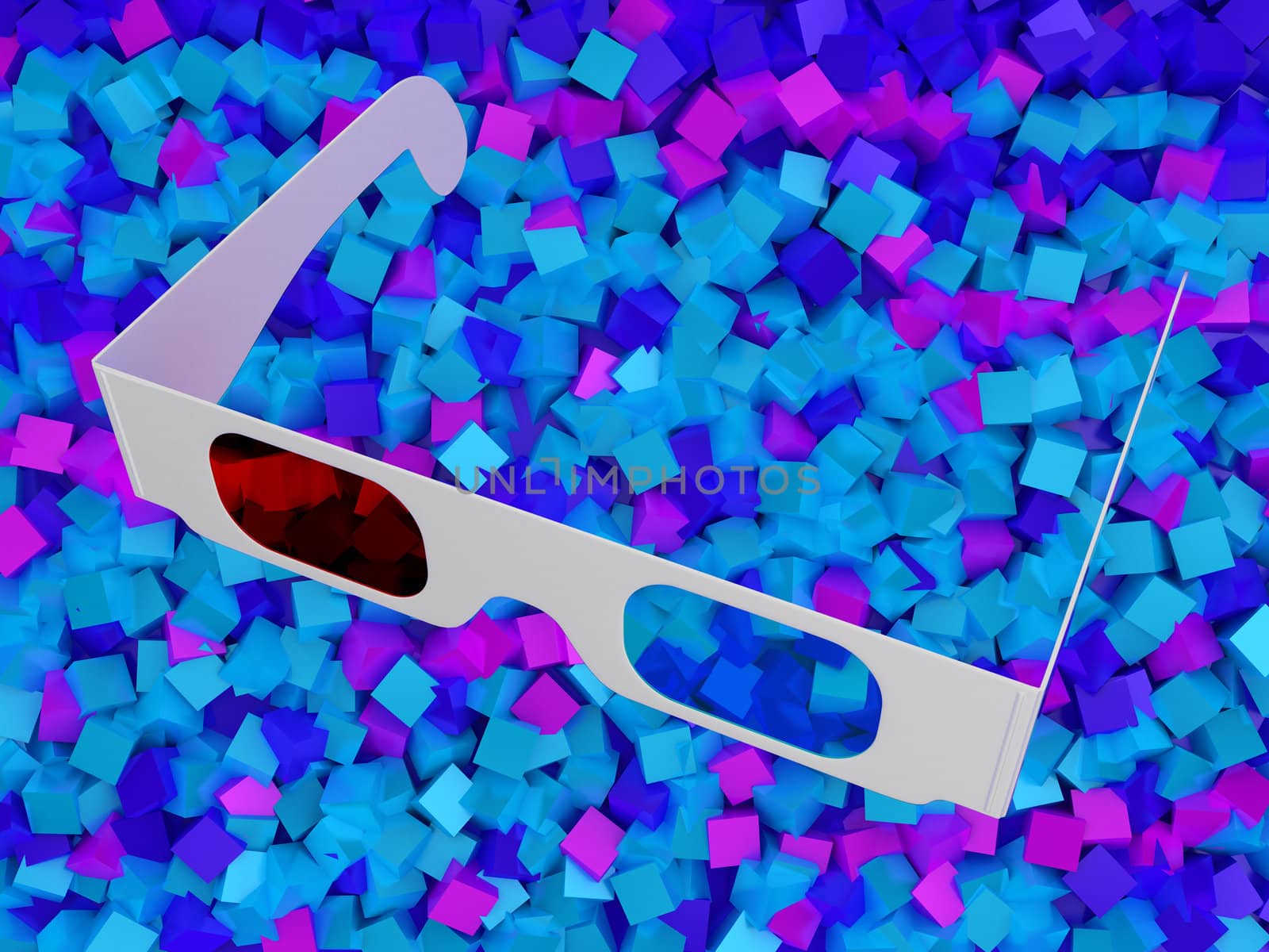 Modern cinema 3D glasses over colorful cubes background