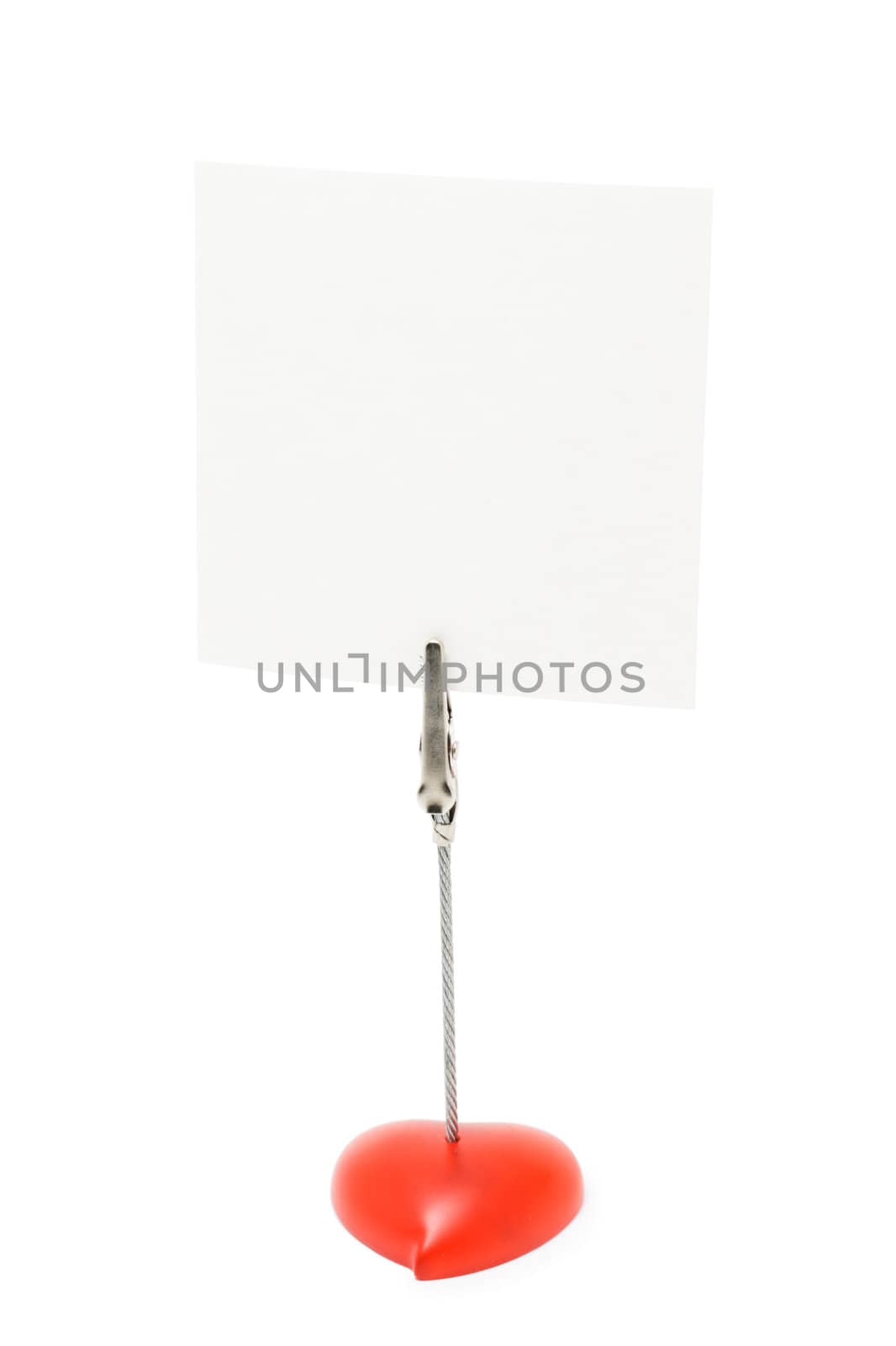 Blank note stand with heart shaped base isolatedon white background