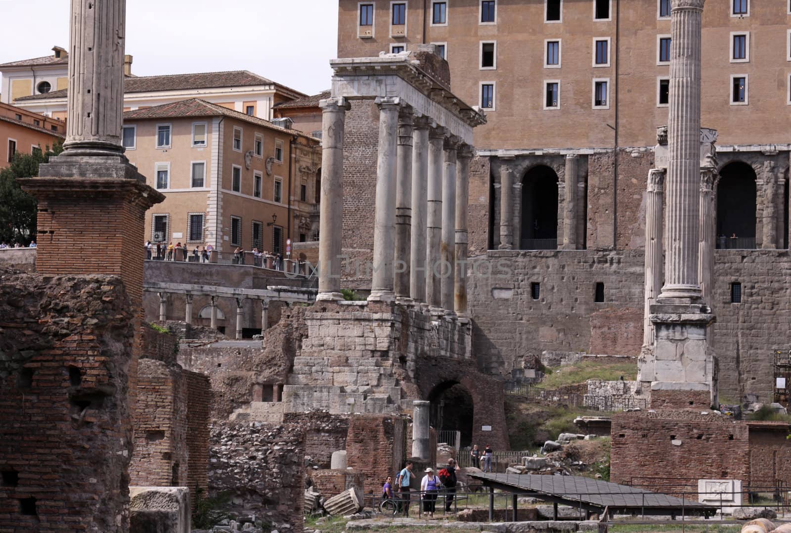 The Roman Forum, featuring the Temple of Saturn.  In Rome, Italy.