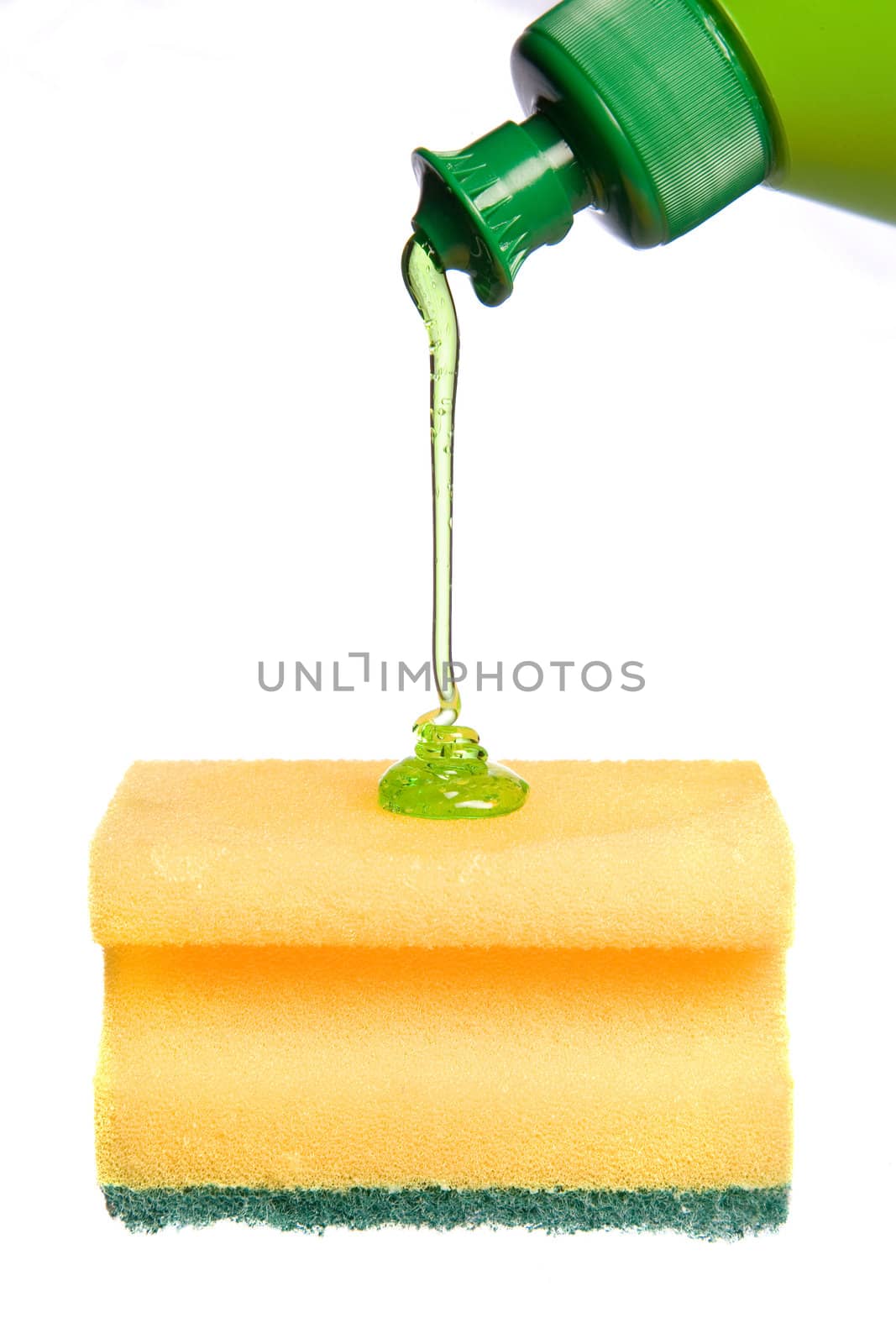 Sponge with detergent, isolated on white background