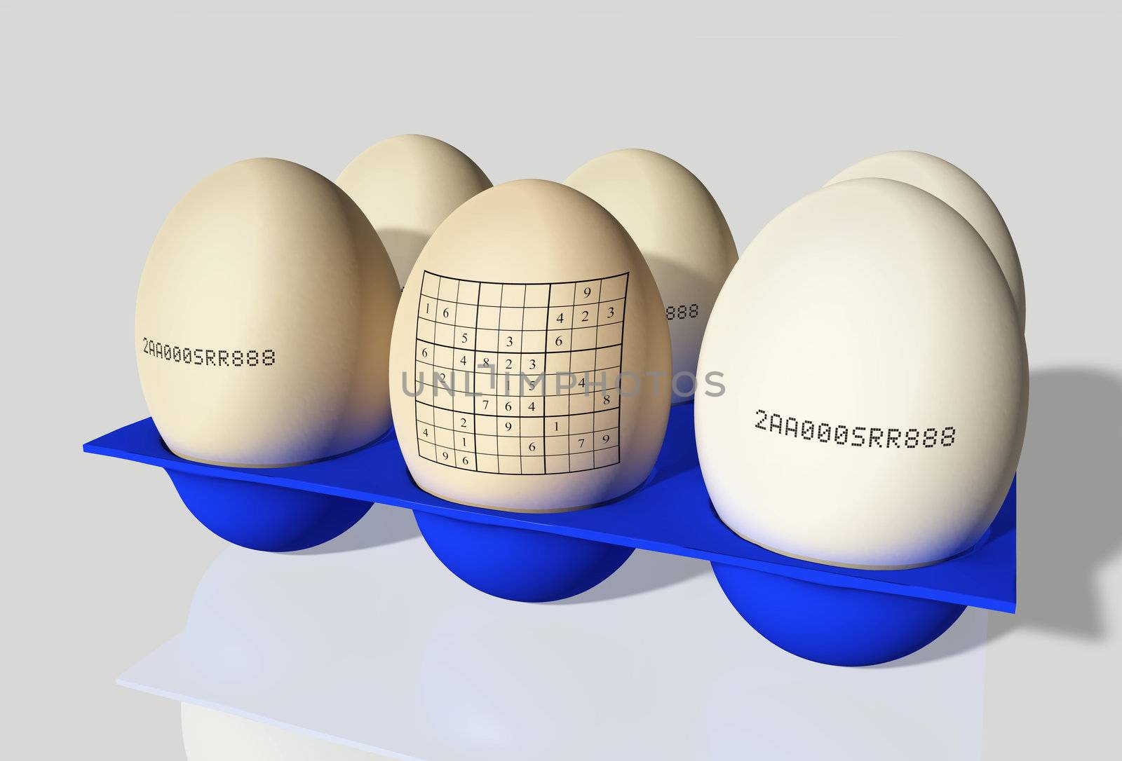 group of 6 stamped eggs, one with sudoku, in a blue egg cups