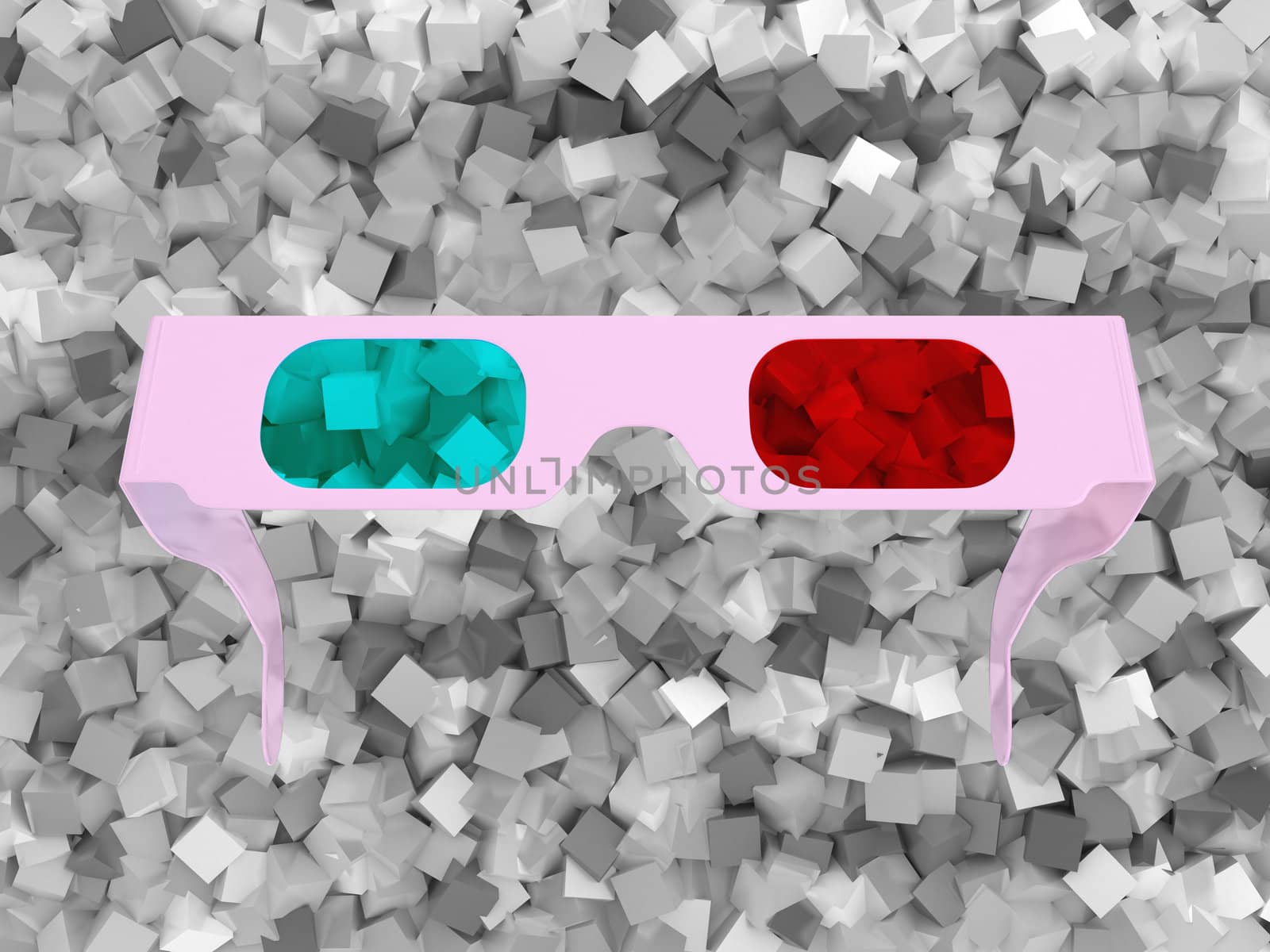 3D glasses over grey textured cubes background
