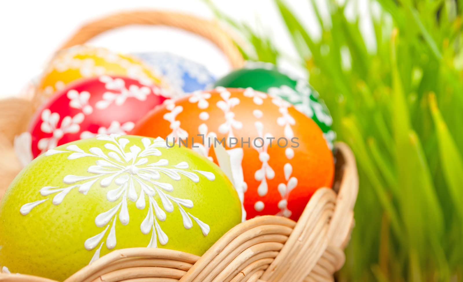 Easter Hand Painted Eggs in Basket With Grass in Background