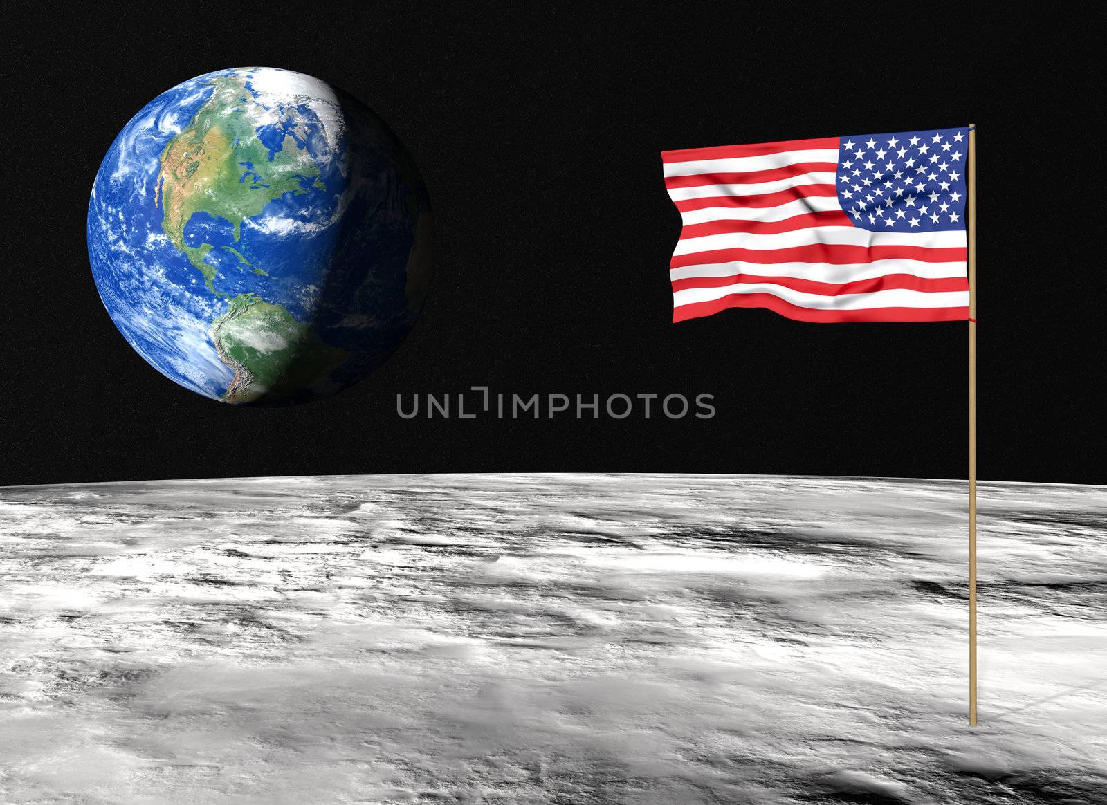 closeup of the American flag on the lunar surface with the planet Earth in the background