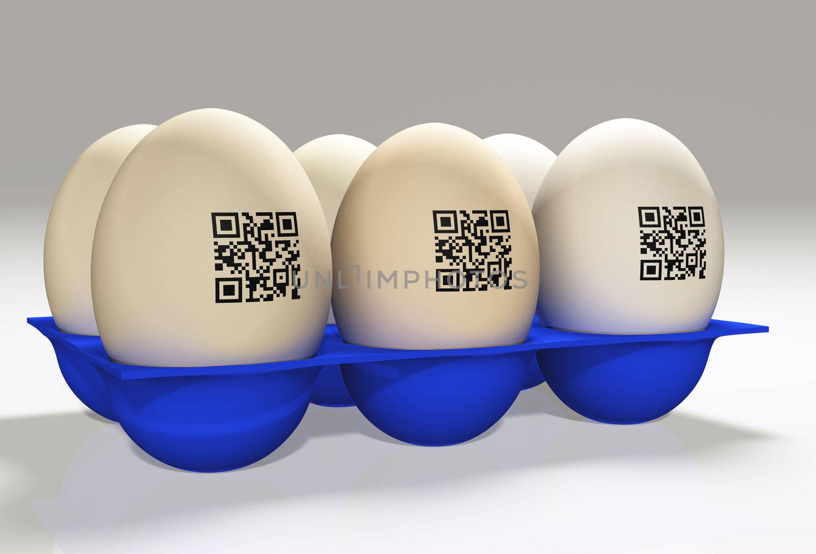 group of 6 stamped eggs with qrcode in a blue case