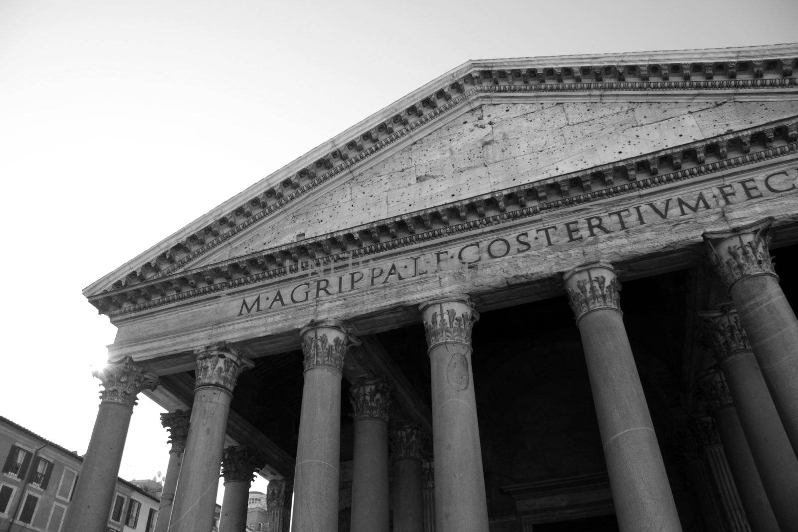 The facade of the Pantheon in Rome, Italy.  The Greek meaning of the word 'Pantheon' is an adjective meaning "to every god".  It was built around 126 AD by emporer Hadrian.

