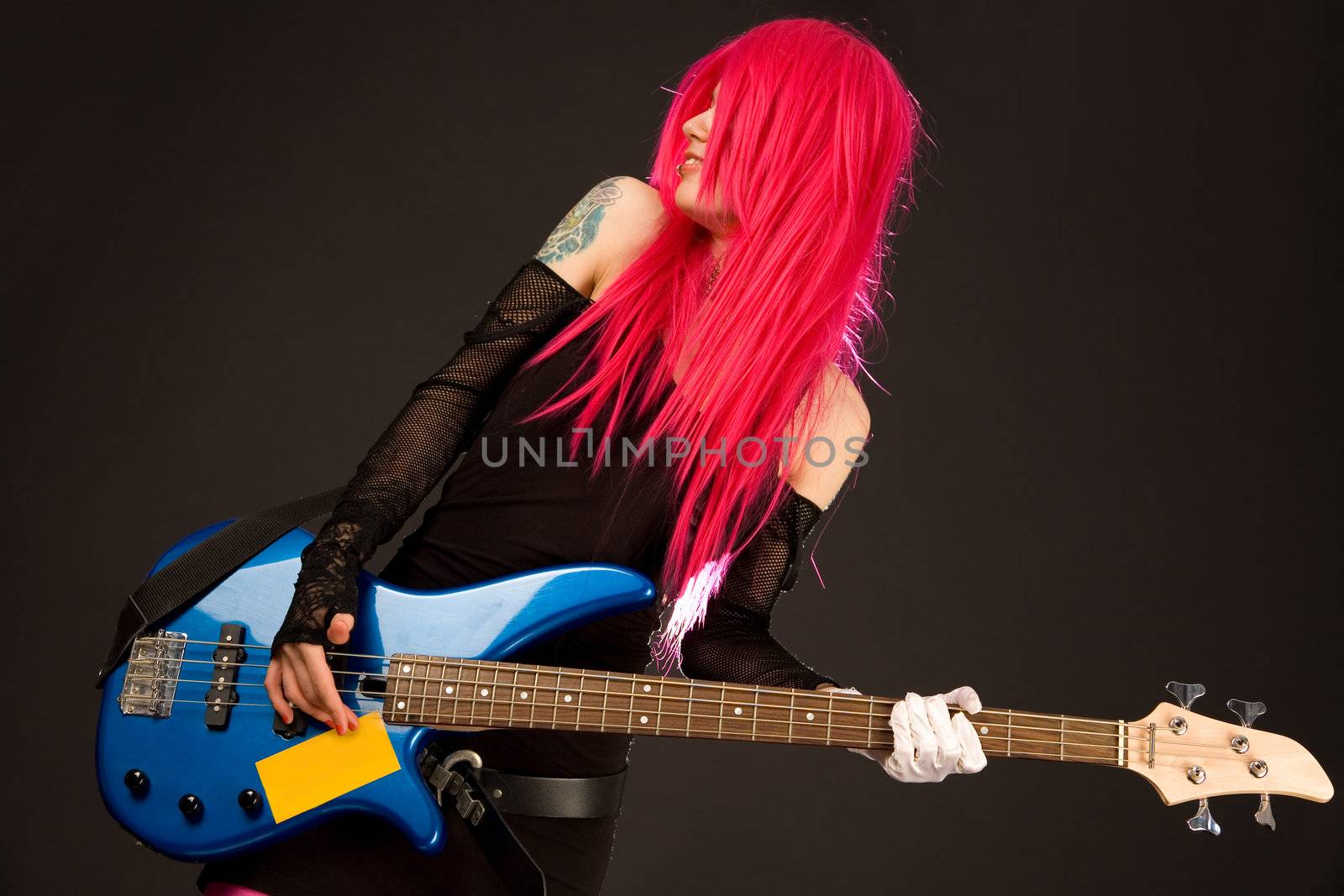 Smiling punk girl with bass guitar  by Elisanth