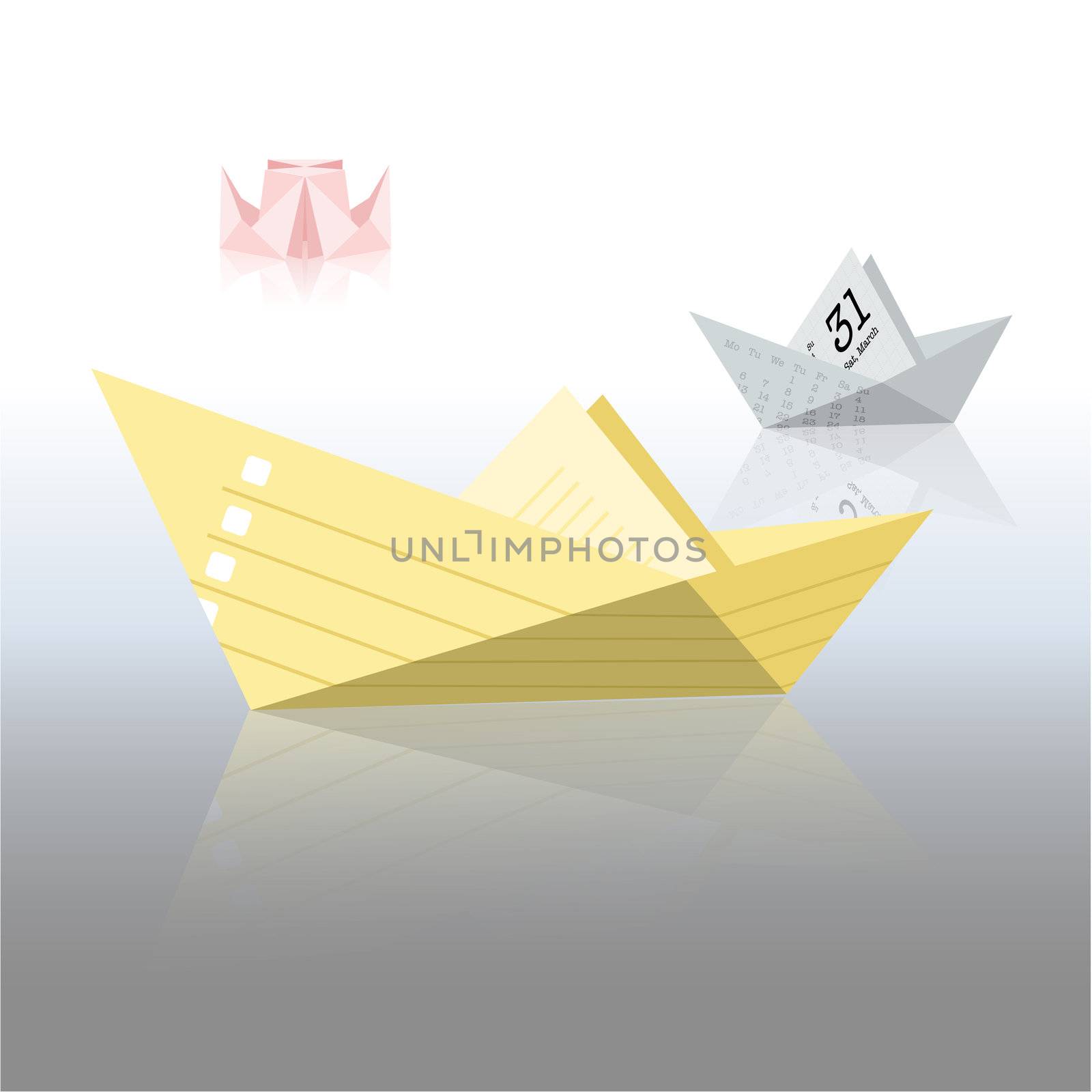 Different types of paper boats made of different paper types on a glossy surface - yellow personal todo list boat, gray calendar yacht and pink steamboat of family needs.