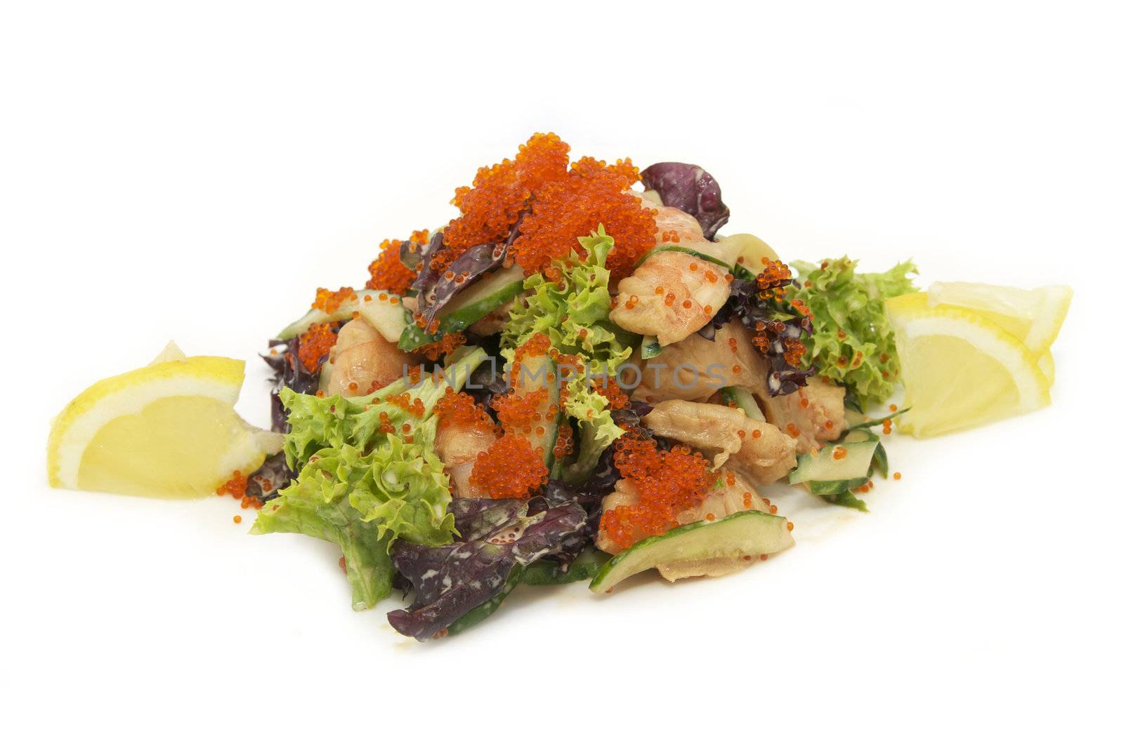 salad with caviar and shrimp on a white background