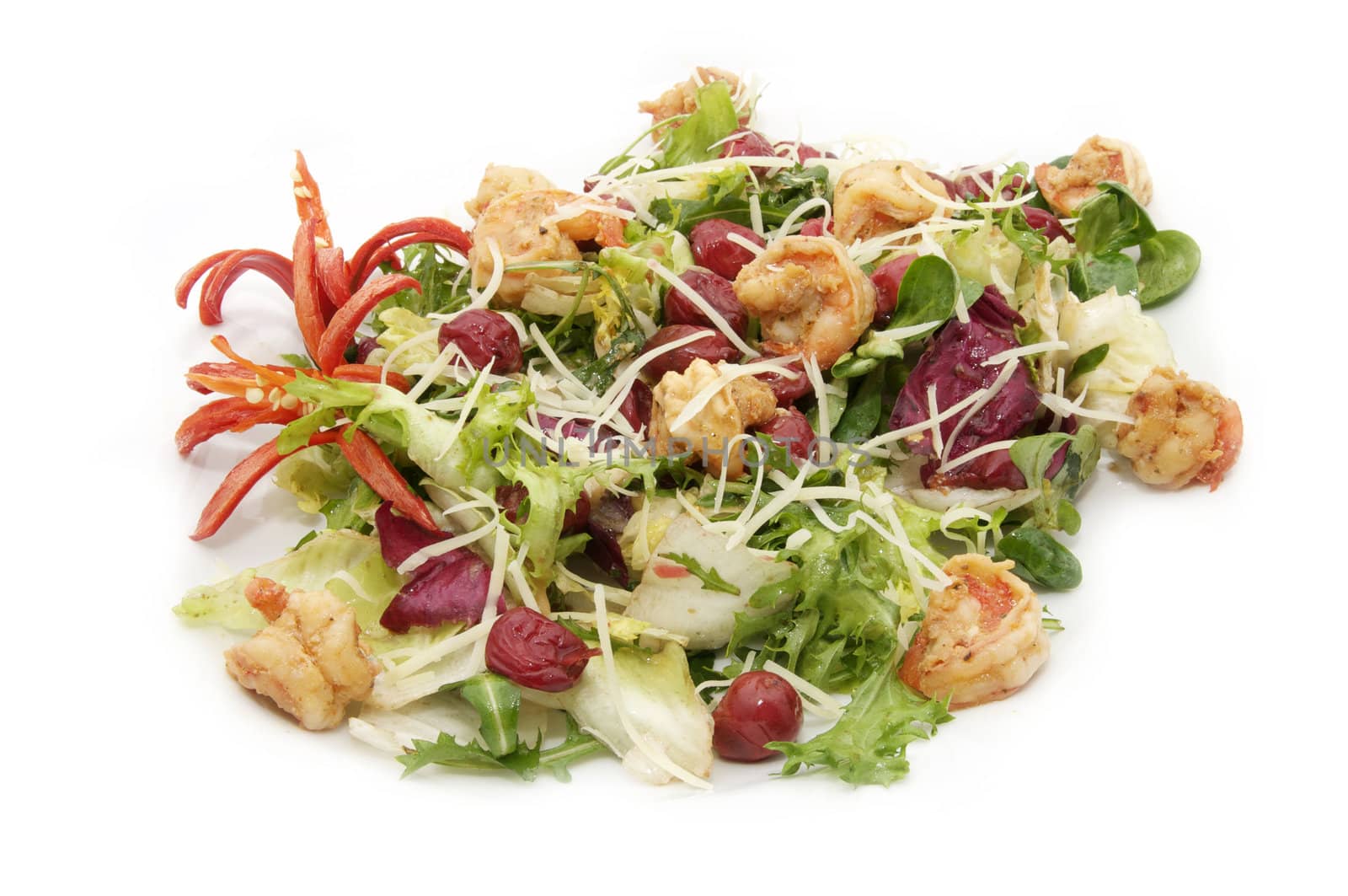 salad greens and shrimp on a white background