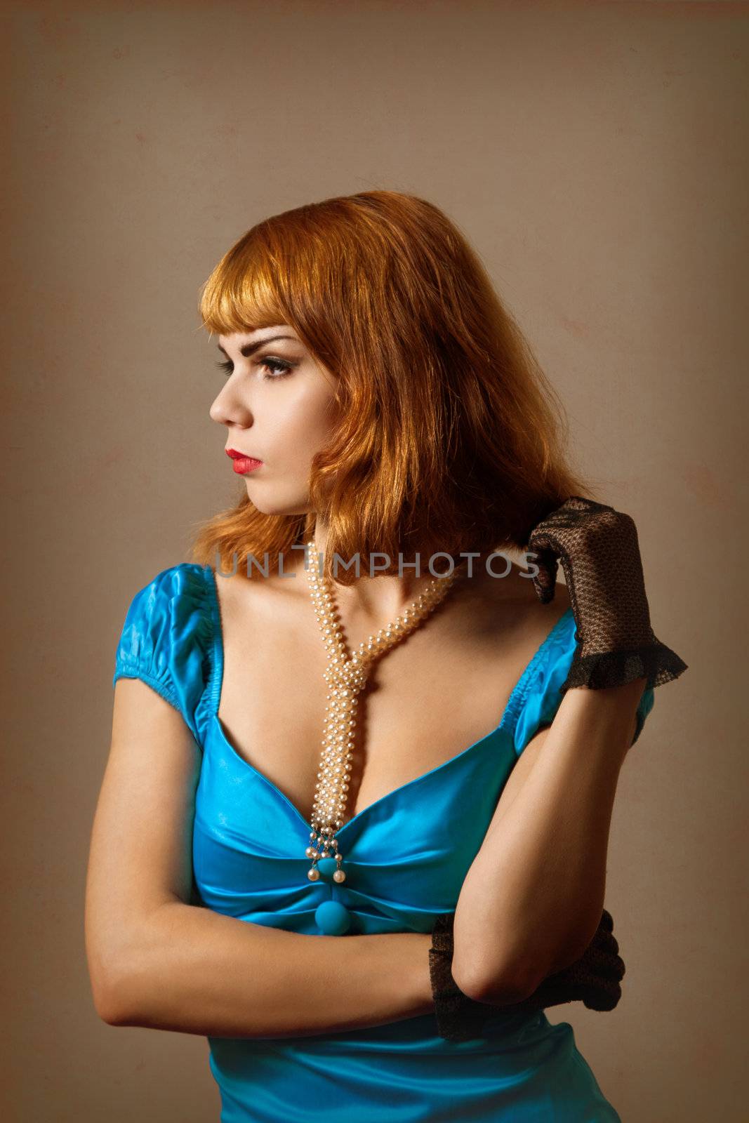 Beautiful retro woman in blue dress  by Elisanth