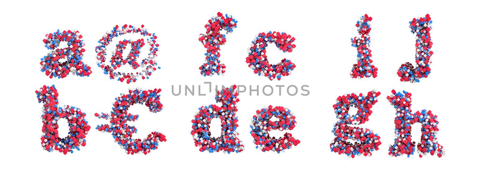 Abstract 3D font small A-J letters and symbols isolated over white