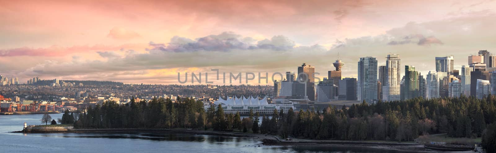 Vancouver BC City Skyline and Stanley Park along Burrard Inlet Panorama