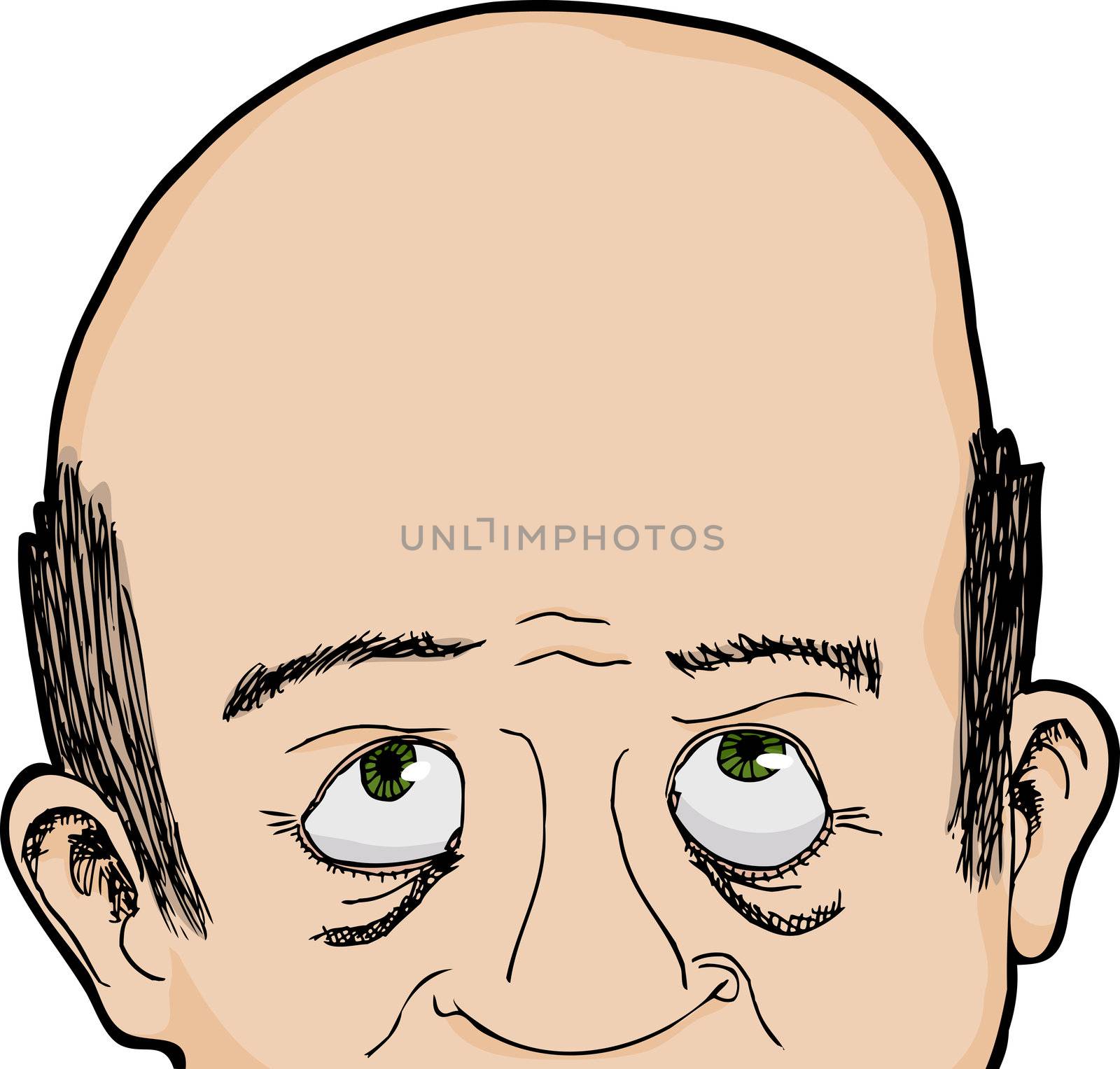 Cropped face of bald Caucasian man looking up