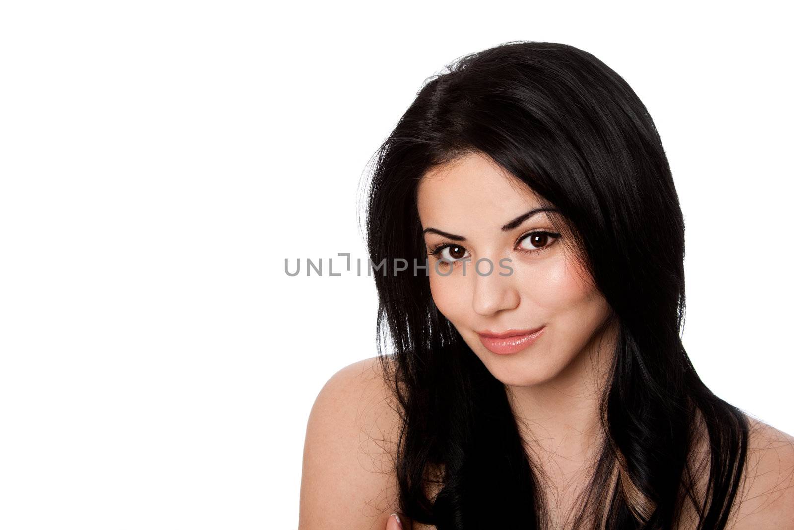 Beautiful face of happy smiling attractive young woman with great skin and black hair, skincare concept, isolated.