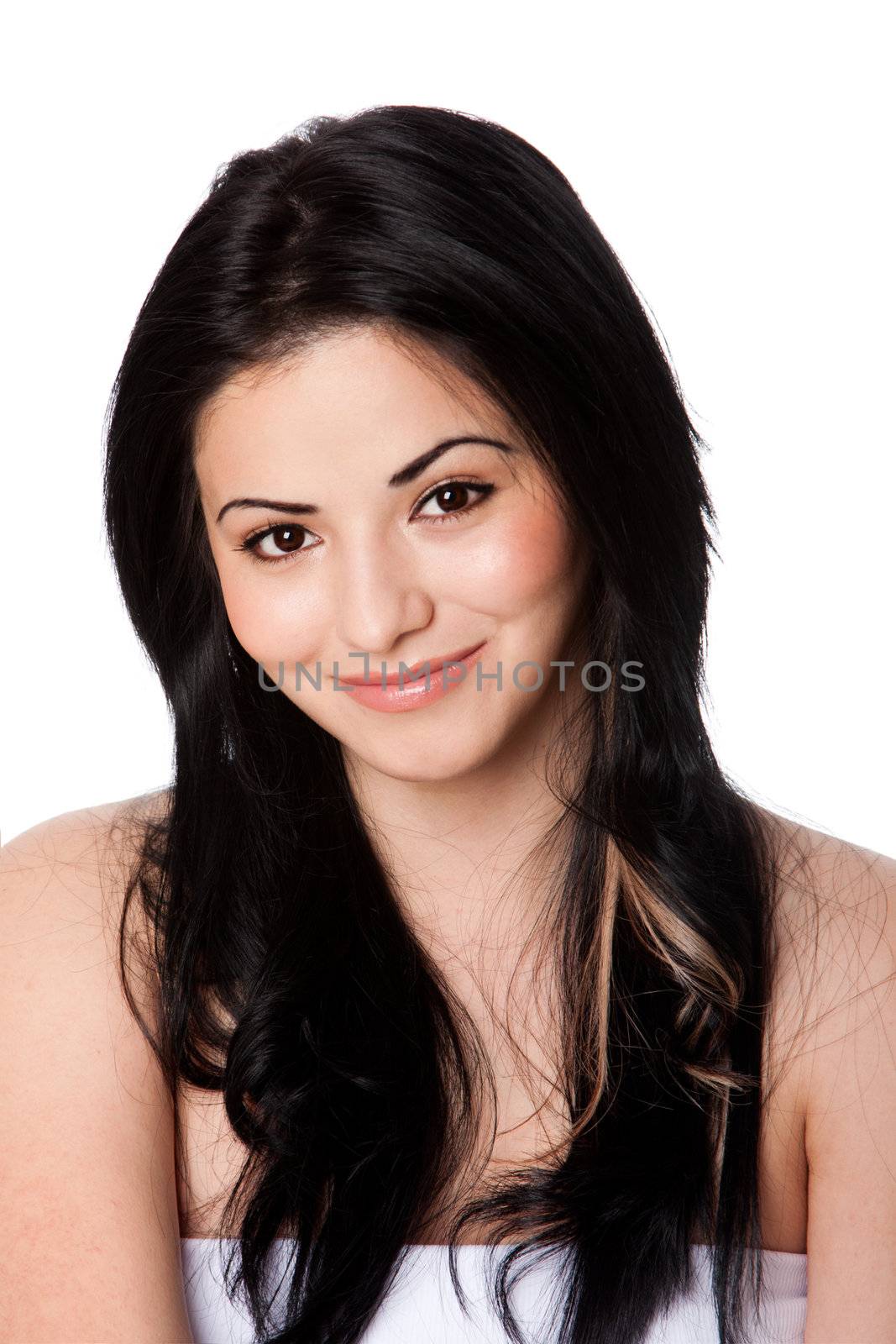 Beautiful attractive happy smiling young woman with perfect fair skin and long black hair, isolated.