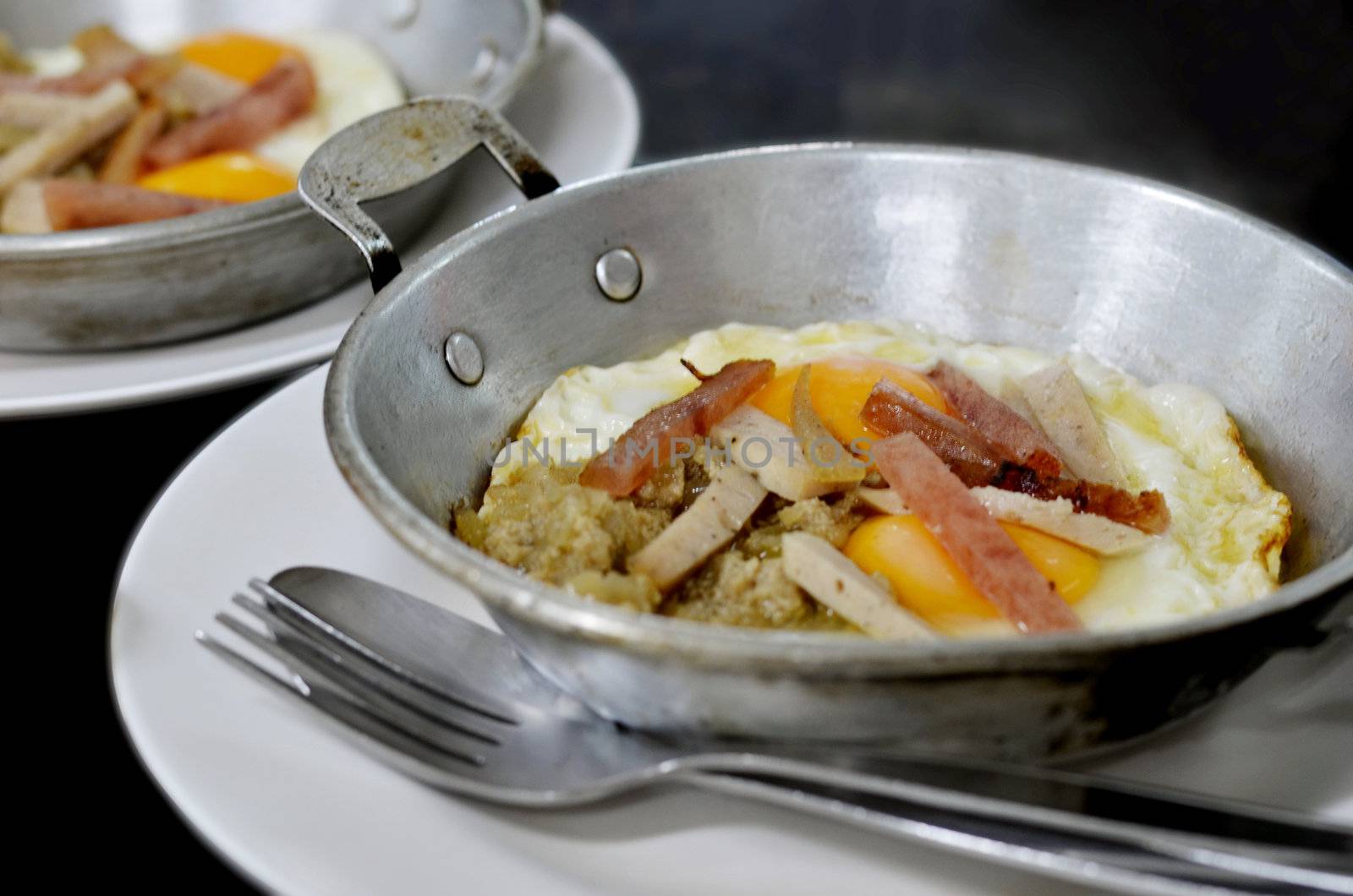 fried eggs and sliced chinese sausage, vietnamese sausage , minced pork