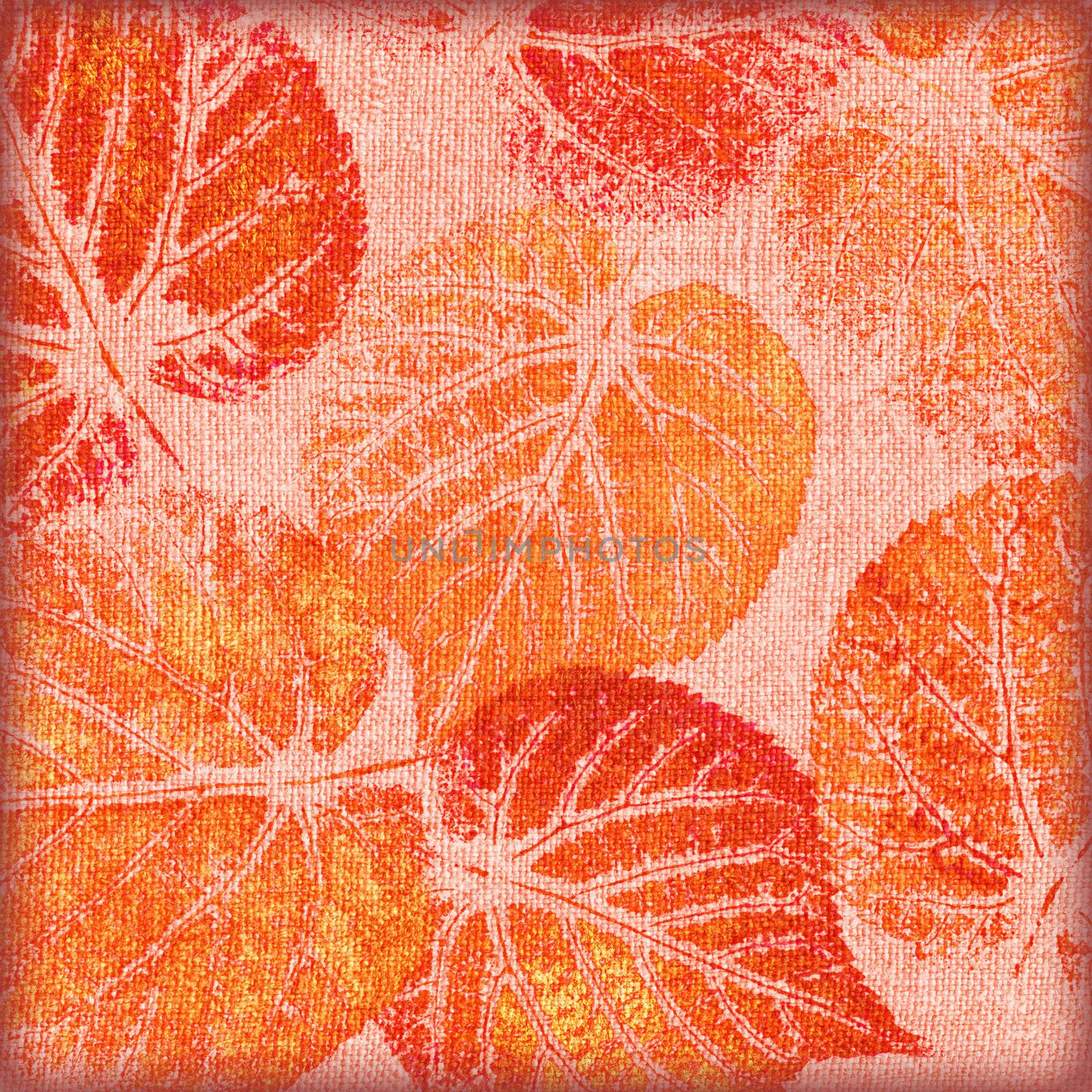 abstract background, hand draw, red and orange leaves on canvas