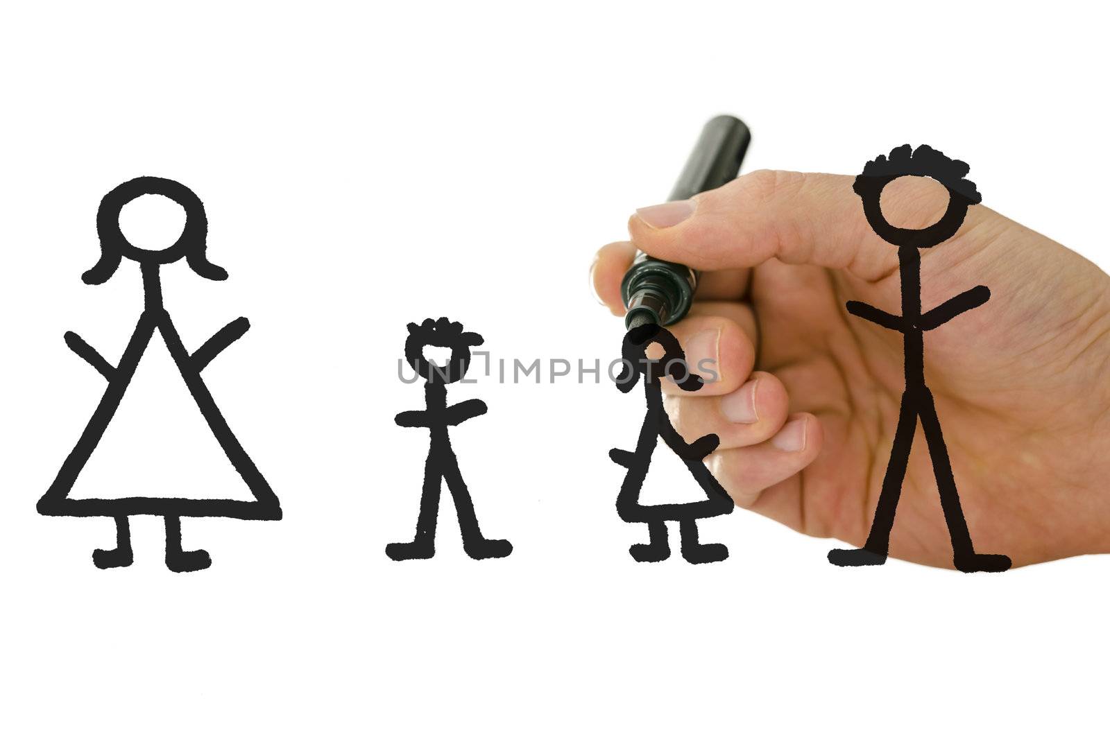 Closeup of male hand drawing family on virtual white board with black marker.