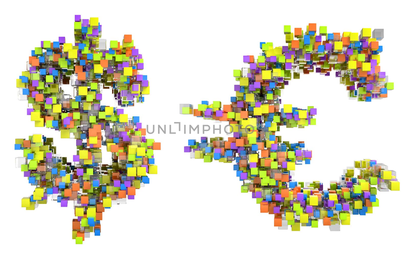 Abstract cubes US dollar and euro symbols isolated over white