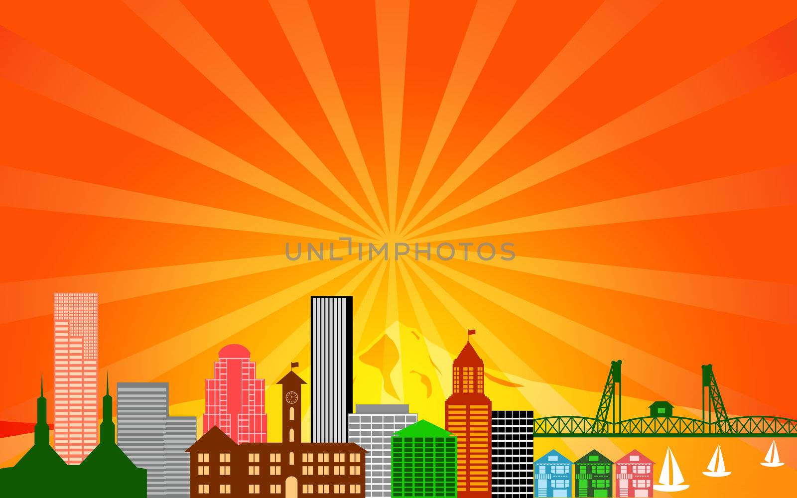 Portland City Oregon Skyline Panorama Color Silhouette with Sun Rays Clip Art Illustration