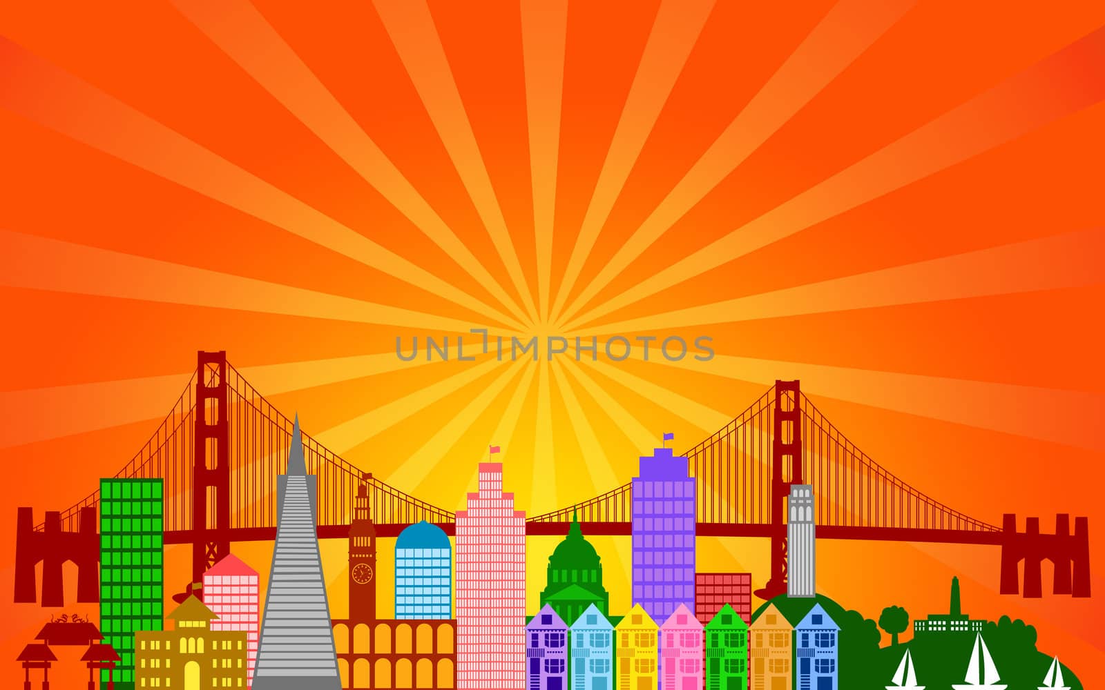 San Francisco California City Skyline Panorama Color Silhouette with Sun Rays Clip Art Illustration