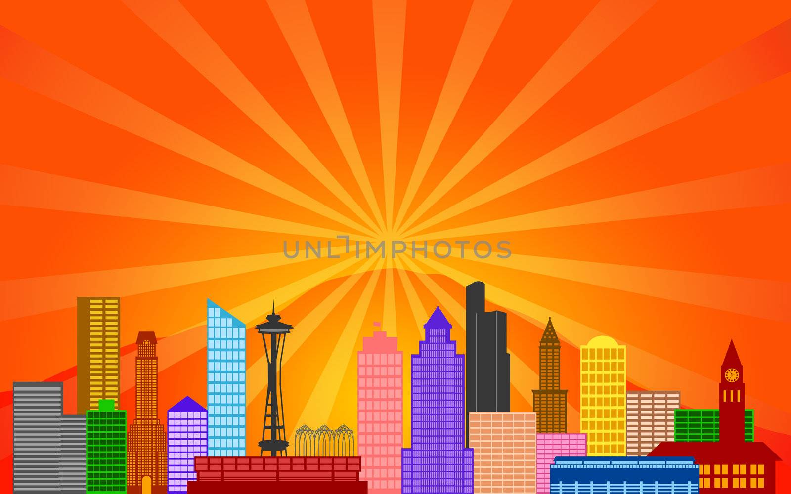 Seattle Washington City Skyline Panorama Color Silhouette with Sun Rays Clip Art Illustration