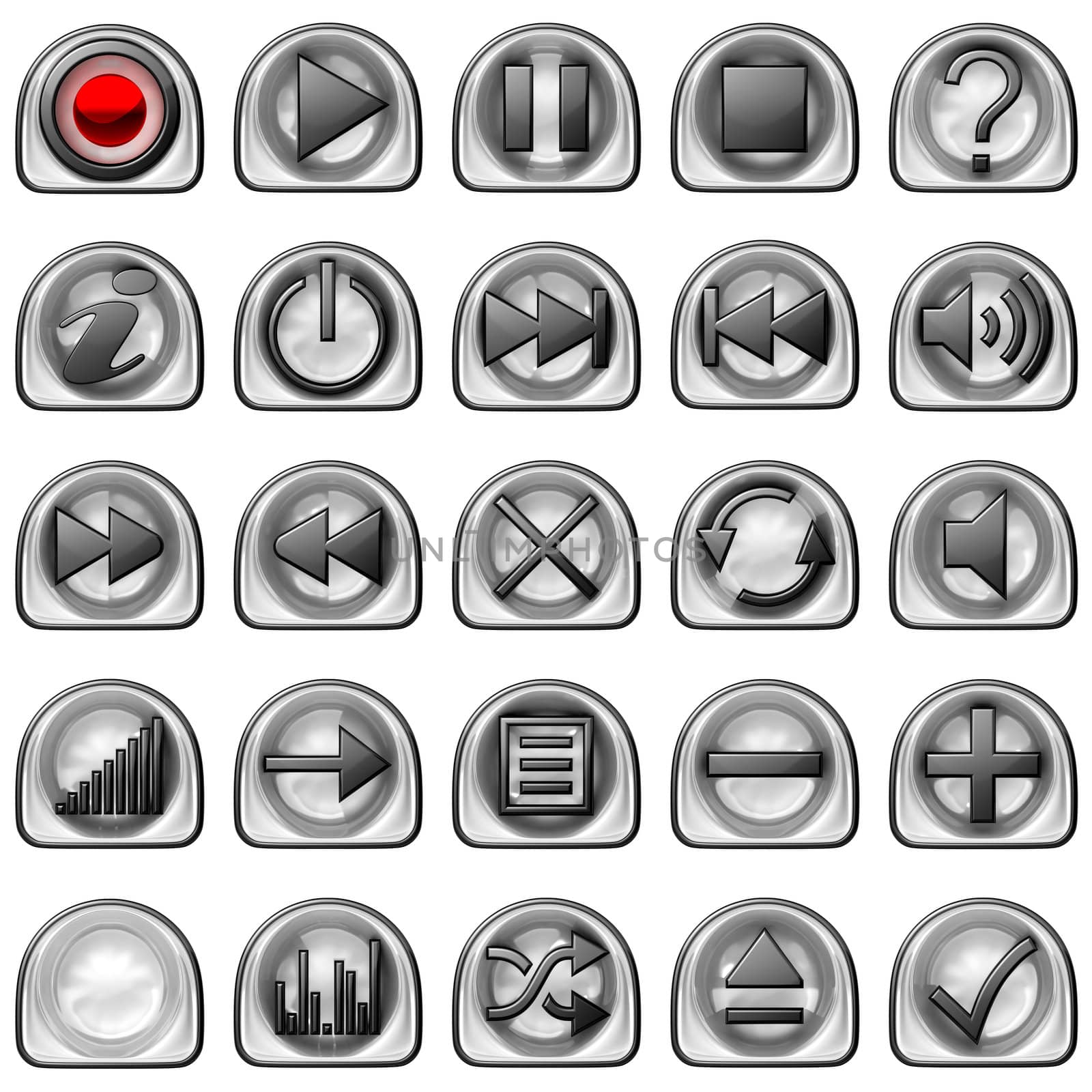 Semicircular pressed Control panel buttons isolated on white