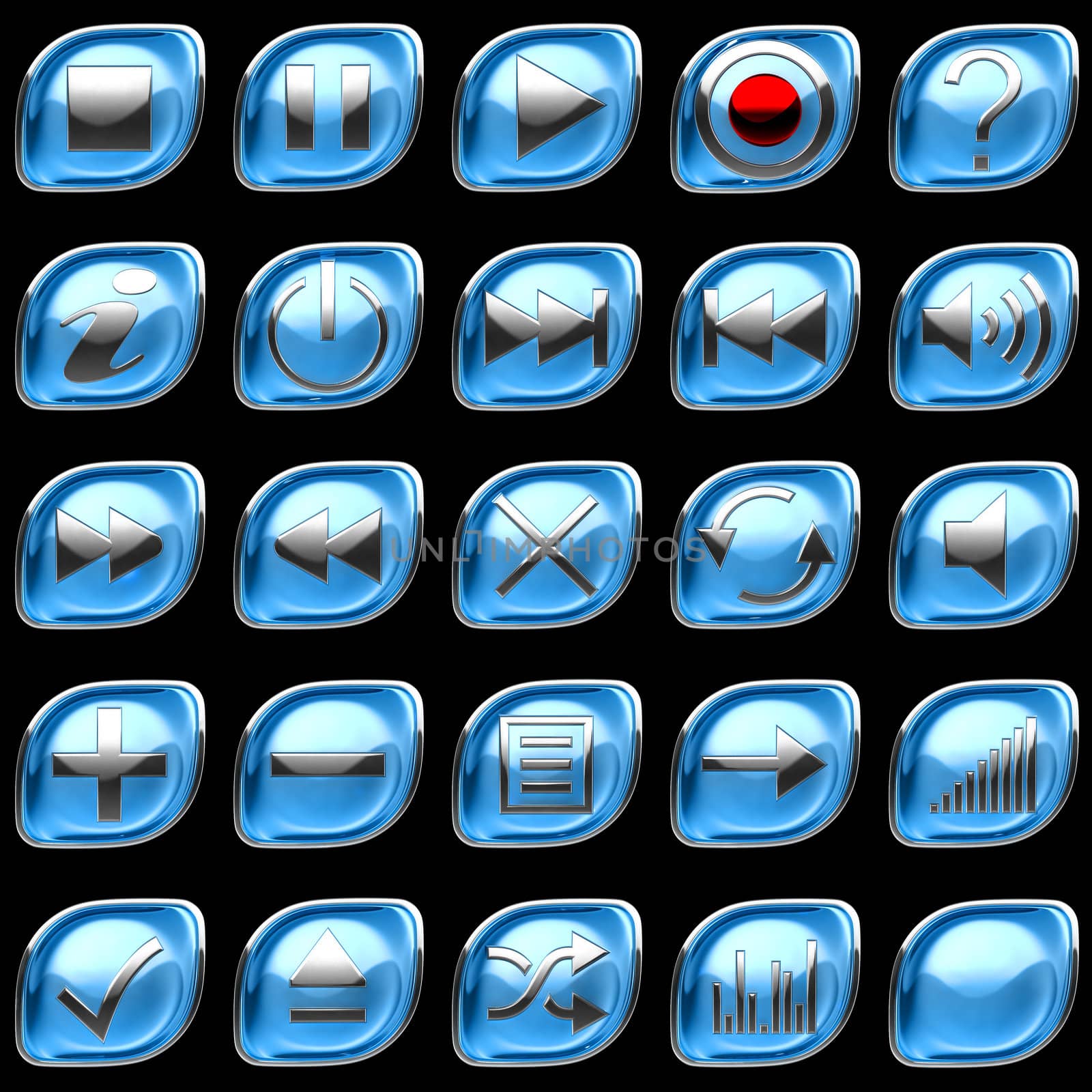 Blue pushed Control panel buttons or icons isolated on black