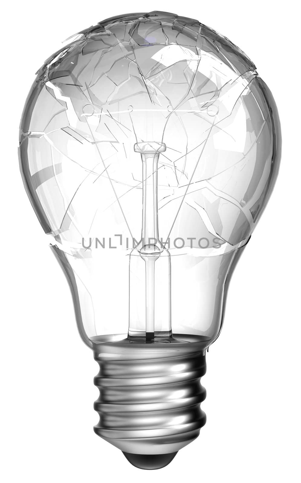 Failed idea. Smashed lightbulb isolated over white background