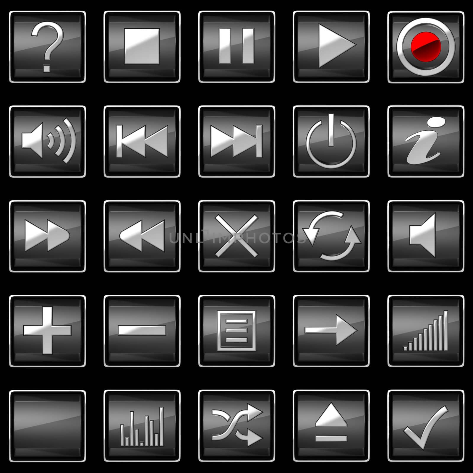 Square pressed Control panel buttons isolated on black