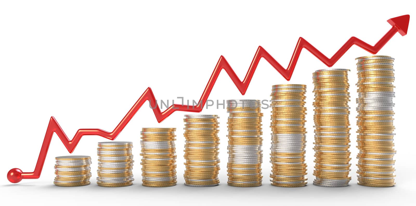 Growth: red graph over golden coins stacks over white
